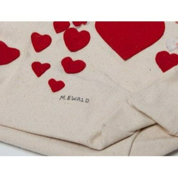Vtg 1970's Detroit Artist Mary Ewald Handmade Felt Heart Canvas Tote Bag Signed - Picture 3 of 4